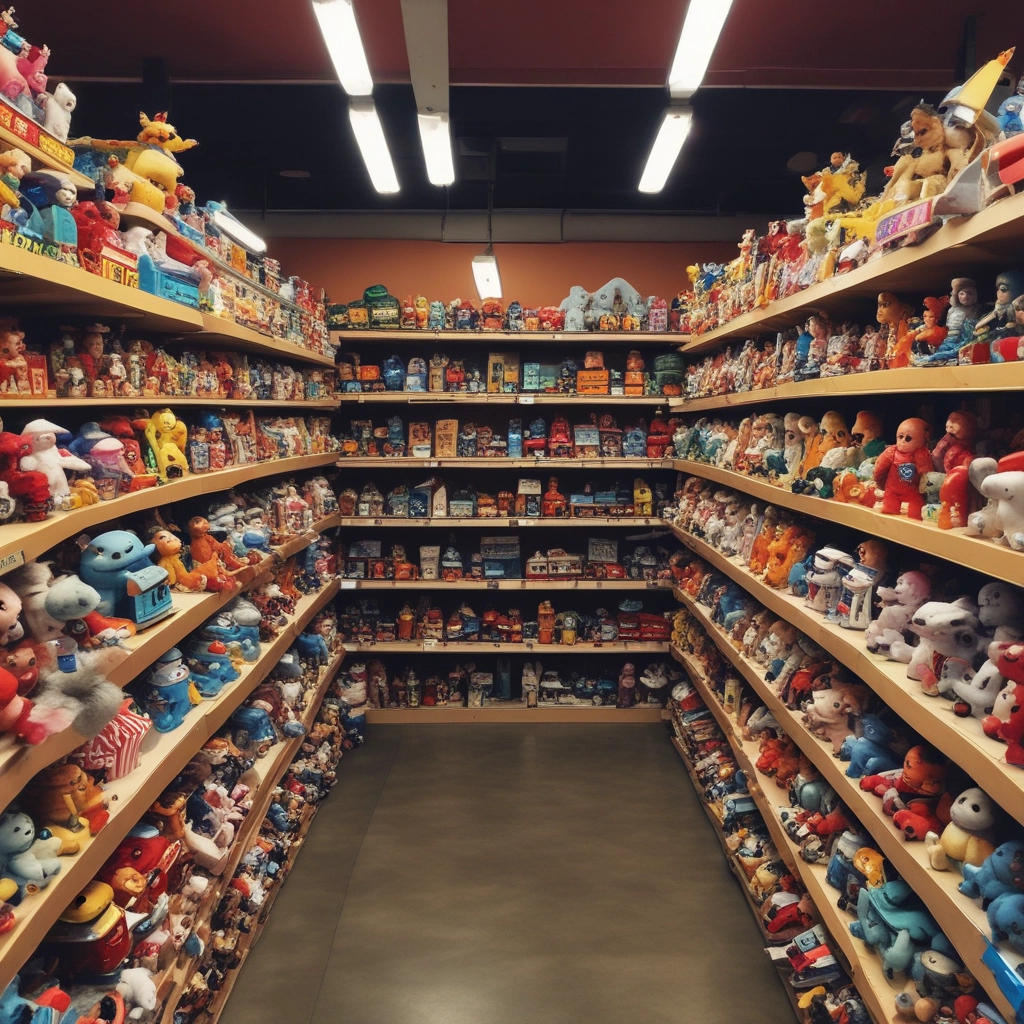 A densely packed display of assorted colorful toys hanging and stacked in a store. The items include various types of balls, rackets, action figures, dolls, and other children's playthings in vibrant packaging.